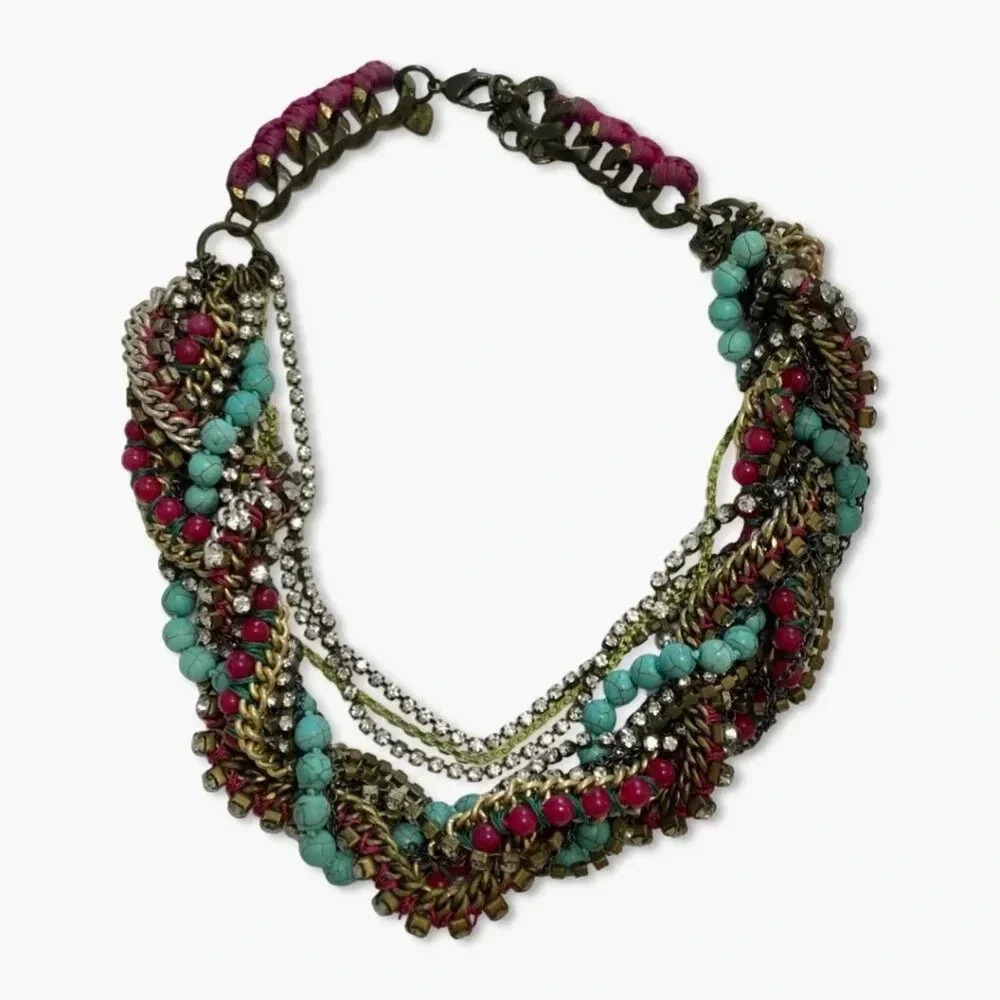 Stella & Dot  Bamboleo Statement Necklace Jade Turquoise Rhinestone Boho Glam